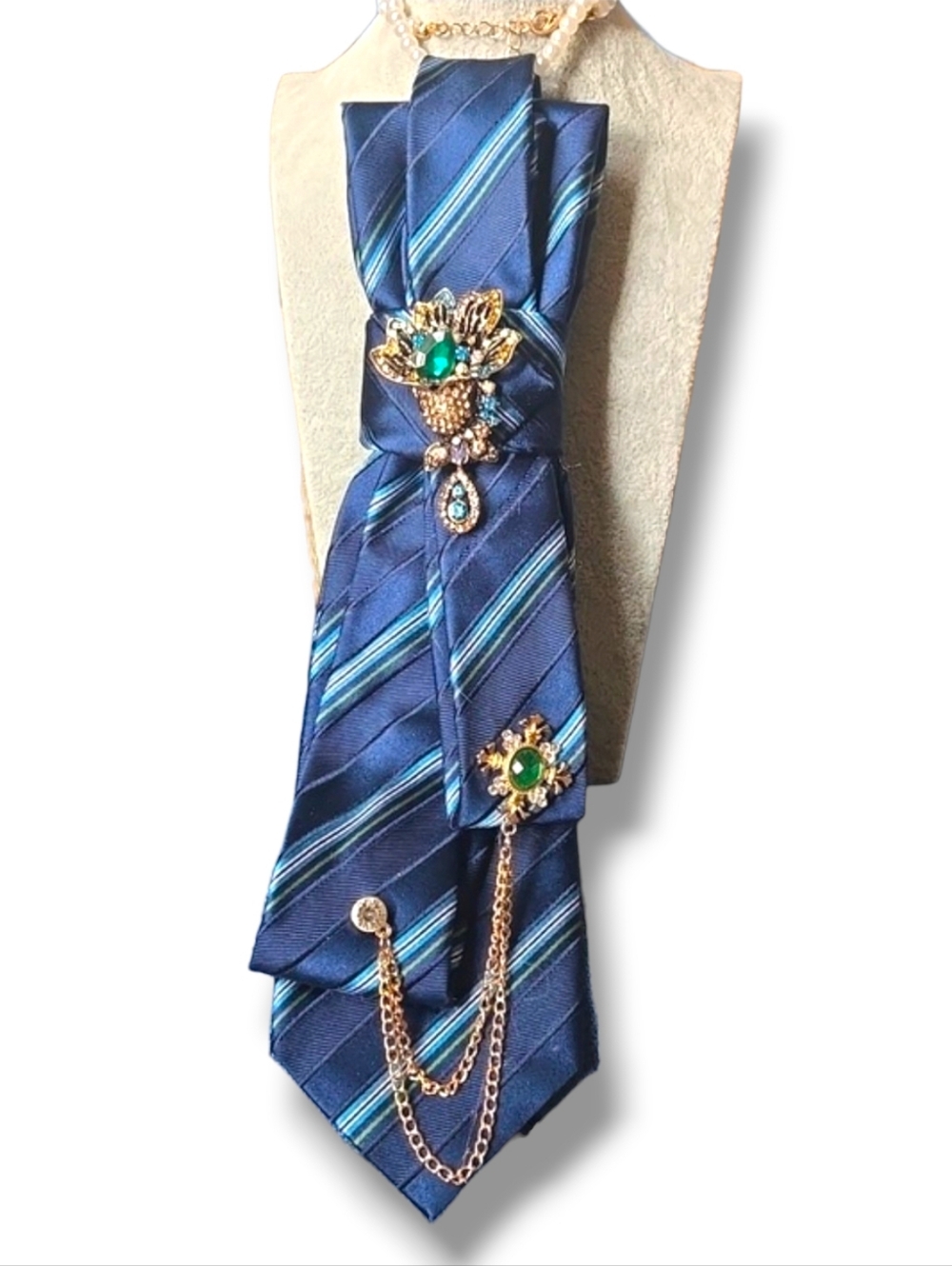 3/$60 Navy Blue Striped Folded Cravat with Gold Green Jewel Brooches